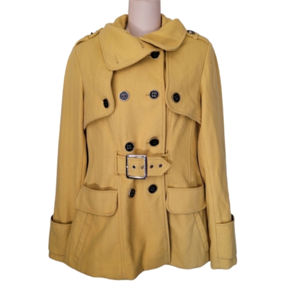 Green With Envy Mustard Yellow Wool Pea Coat Jacket Size Women's Small - Picture 1 of 15